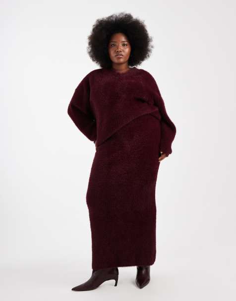 Renee Studio Plus exclusive fluffy knit column bodycon maxi skirt co-ord in burgundy - view 1