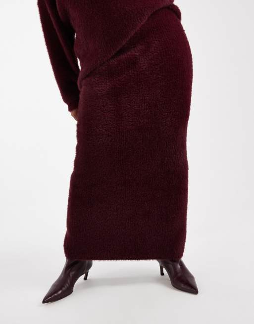 Renee Studio Plus exclusive fluffy knit column bodycon maxi skirt in burgundy - part of a set, 2 of 5