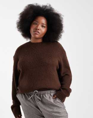 Renee Studio Renee Studio Plus exclusive fluffy knit oversized drop shoulder crew neck jumper in chocolate-Brown