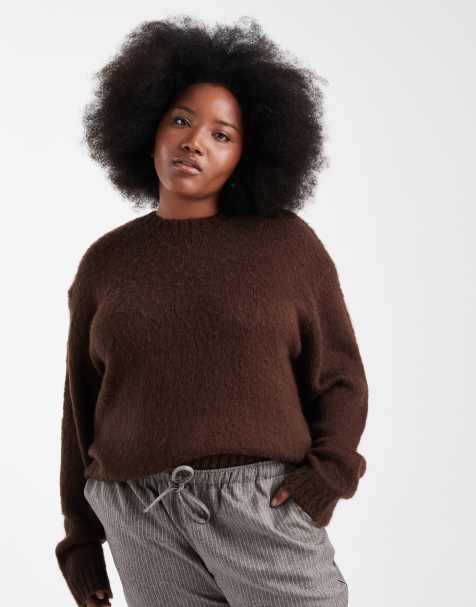 Renee Studio Plus exclusive fluffy knit oversized drop shoulder crew neck jumper in chocolate