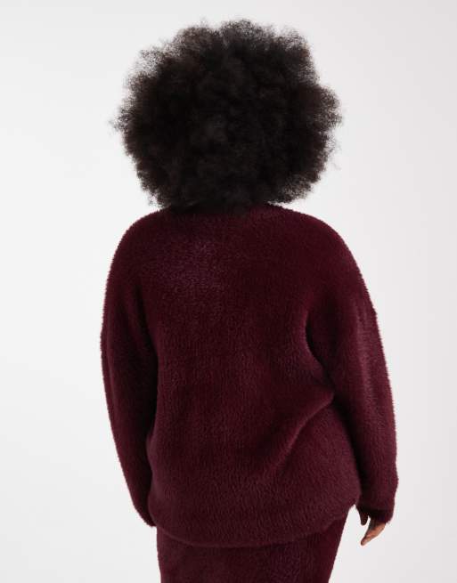 Renee Studio Plus exclusive fluffy knit v neck sweater in burgundy - part of a set, 3 of 4
