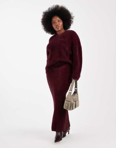 Renee Studio Plus exclusive fluffy v neck jumper and maxi skirt co-ord in burgundy - view 1