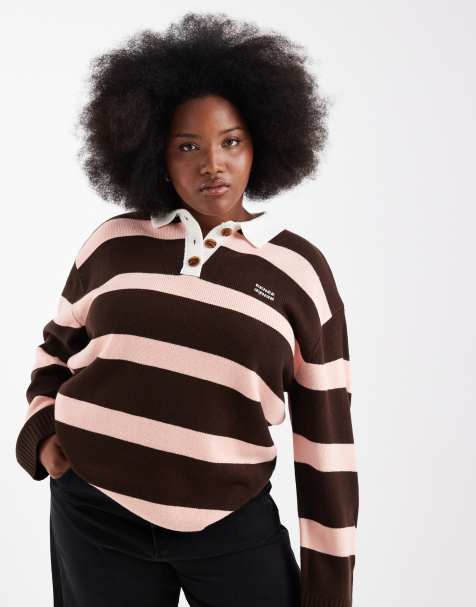 Renee Studio Plus exclusive knitted collared rugby top in pink and burgundy stripe - view 1