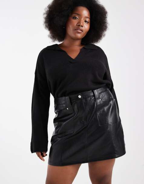 Renee Studio Plus exclusive leather look seam detail pocket front mini skirt in black - view 1