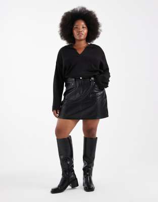 Renee Studio Plus Exclusive Leather Look Seam Detail Pocket Front Mini Skirt In Black