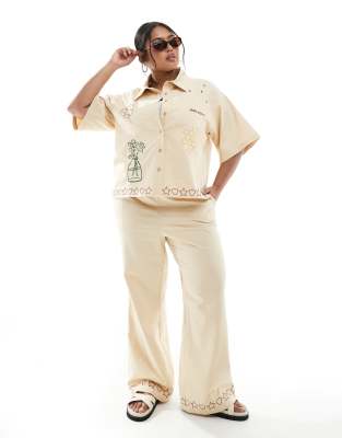 RENEE STUDIO PLUS EXCLUSIVE LINEN BLEND BUTTON FRONT EMBROIDERED DETAIL SHIRT 