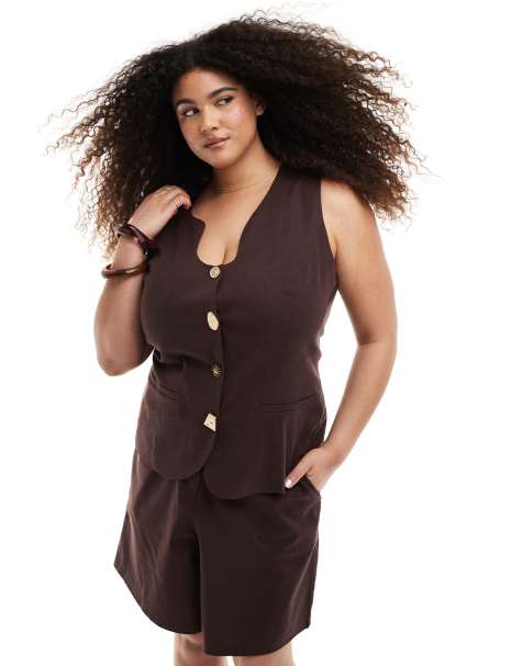 Renee Studio Plus exclusive linen blend tailored shorts in chocolate brown - part of a set - view 1