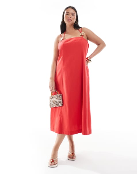 Renee Studio Plus Exclusive linen look halterneck gold seashell hardware detail strappy midi dress in red - view 1