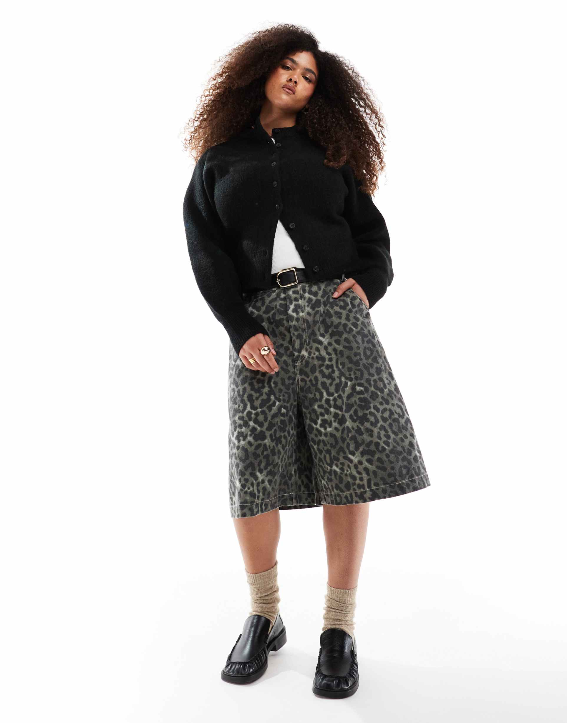renee studio plus exclusive longline jorts in washed leopard print