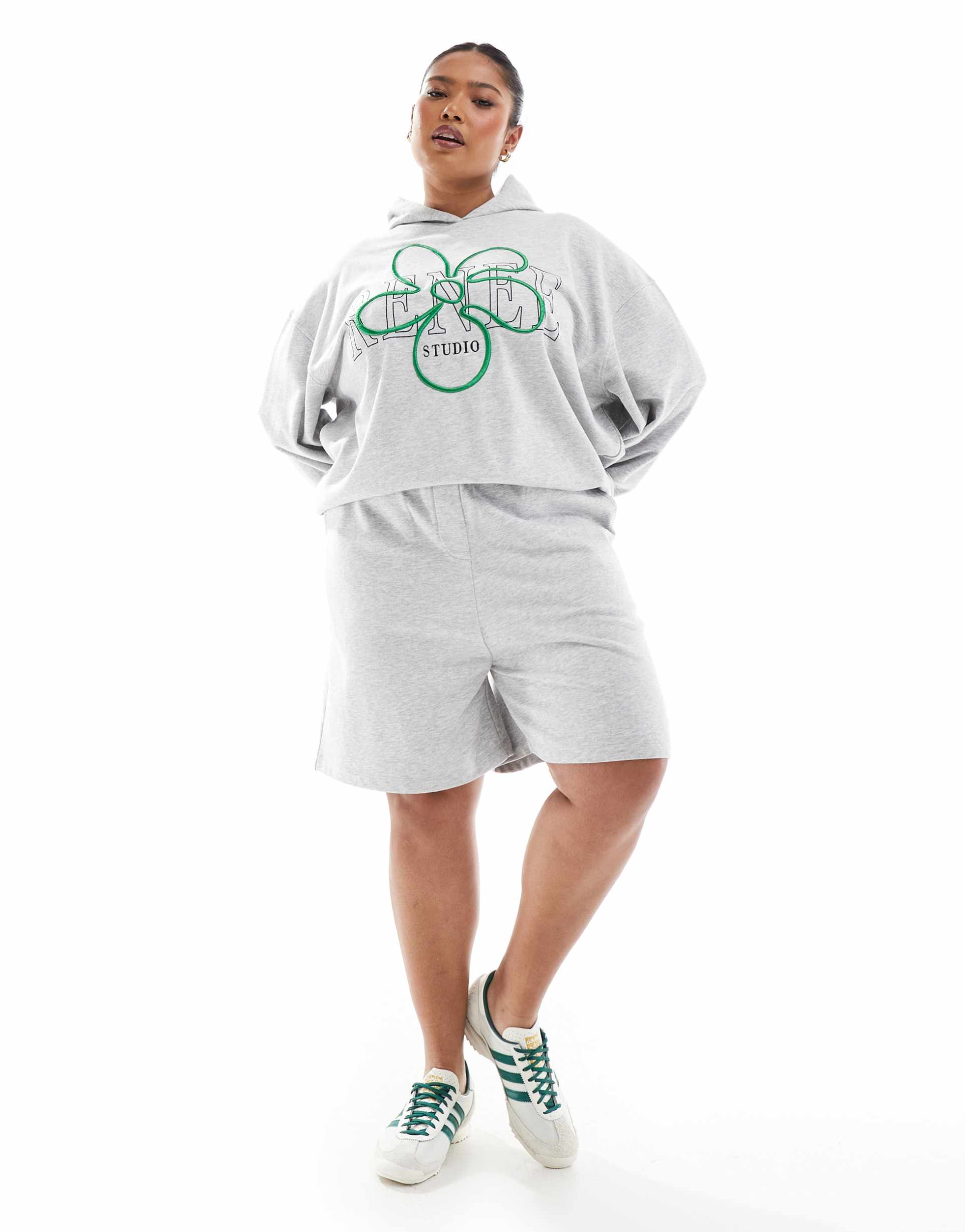 renee studio plus exclusive longline sweatshirt fabric shorts in gray - part of a set