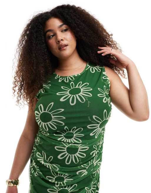 Renee Studio Plus exclusive mesh midi dress with open tie back detail in green floral  , 3 of 4