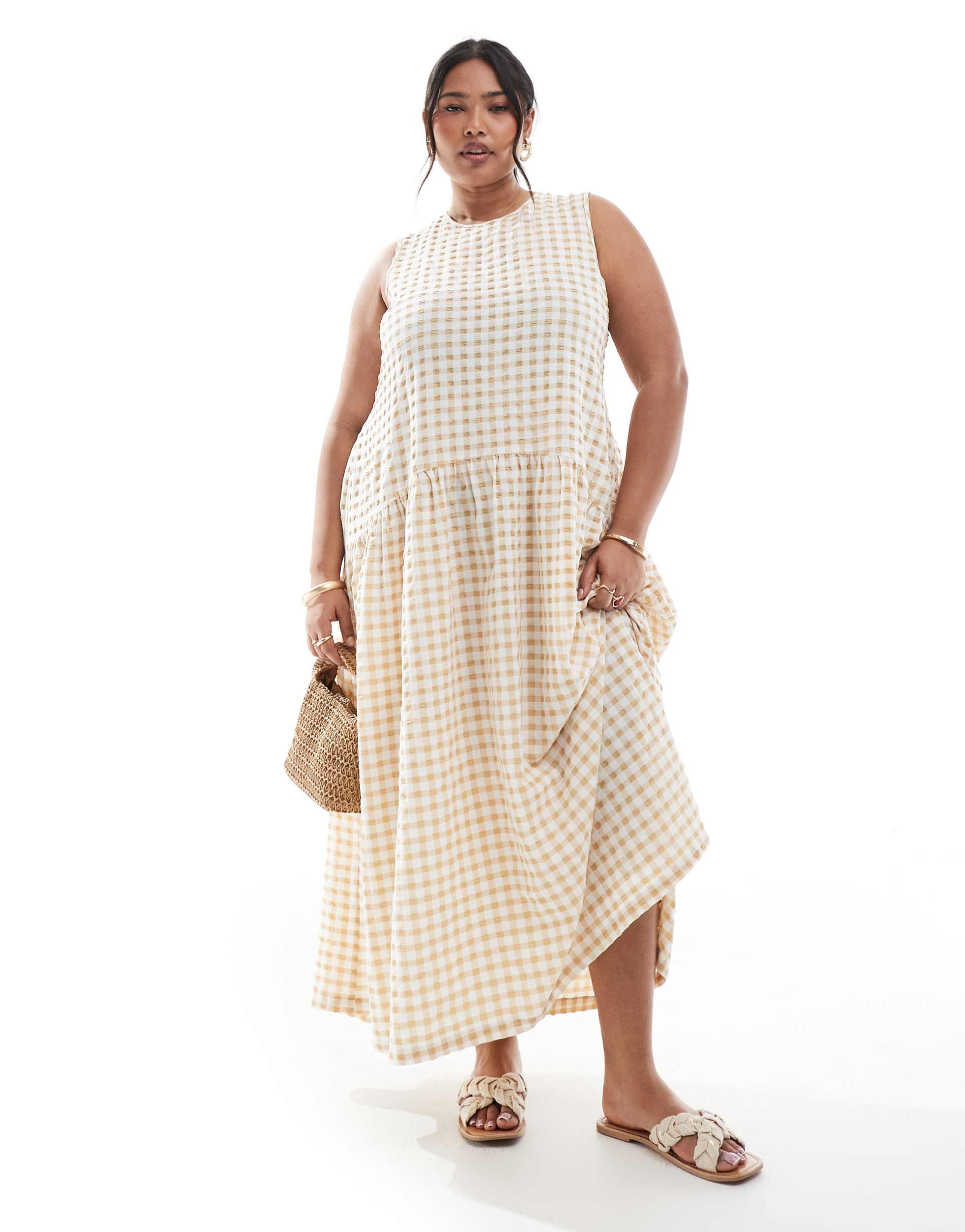 renee studio plus exclusive open tie back detail sleeveless smock maxi dress in beige gingham