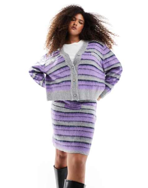 Renee Studio Plus exclusive pocket detail knitted mini skirt co-ord in brushed purple stripe - view 1