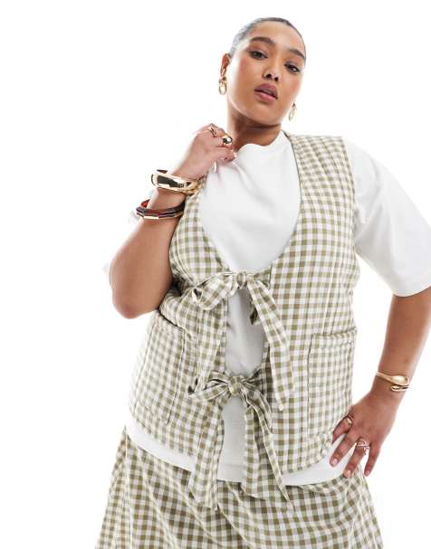 Renee Studio Plus exclusive reversible tie front gilet co-ord in gingham & picnic print - view 1