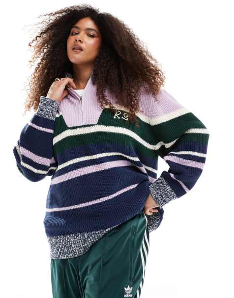 Renee Studio Plus exclusive ribbed half zip funnel neck embroidered logo jumper in lilac multi stripe - view 1