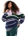 [Renee Studio] Renee Studio Plus exclusive ribbed half zip funnel neck embroidered logo jumper in lilac multi stripe 16 MULTI