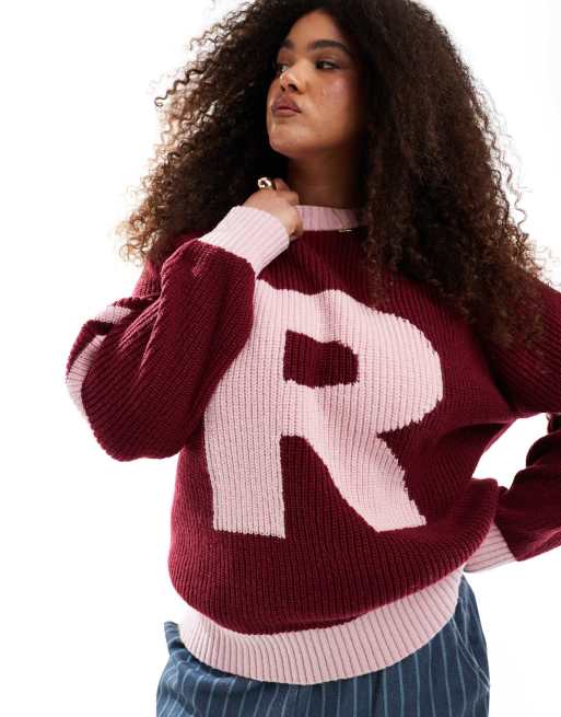 Renee Studio Plus exclusive ribbed varsity R logo sweater in pink and burgundy stripe  