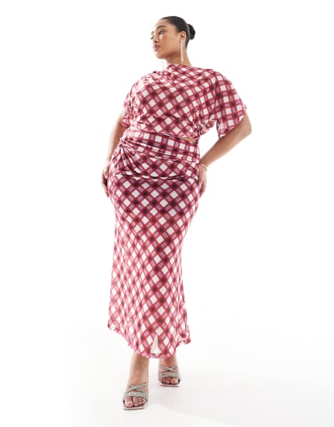 Renee Studio Plus exclusive ruched twist detail mesh maxi skirt in red multi plaid - part of a set - view 1