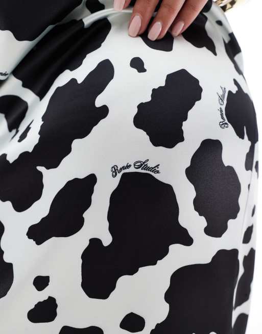 Renee Studio Plus exclusive satin maxi skirt in black & white cow print, 2 of 5
