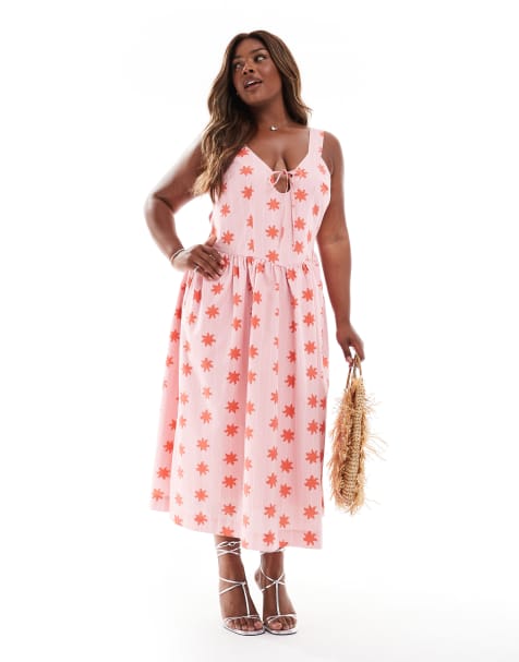 Renee Studio Plus exclusive shirred back corset detail tie front strappy midi dress in pink and red floral - view 1
