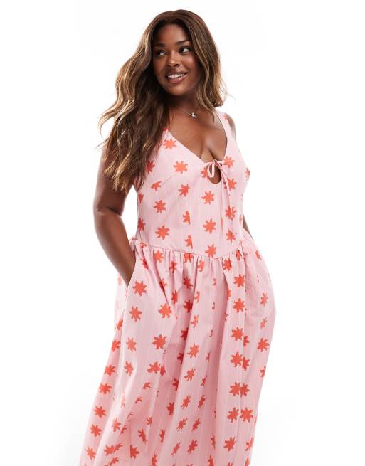 knee length dresses for ladies Renee C. Cutout Cotton Sleeveless Round Neck Front Tie Midi Dress