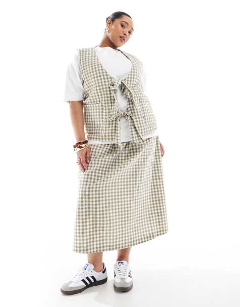 Renee Studio Plus exclusive shirred waistband maxi skirt co-ord in green gingham  