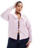[Renee Studio] Renee Studio Plus exclusive tie front collared shirt with hotfix heart detail in pink stripe-Multi 18 Pink Stripe