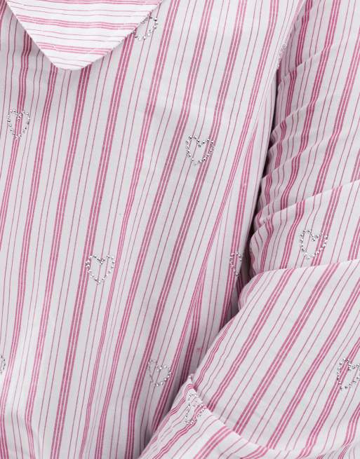 Renee Studio Plus exclusive tie front collared shirt with rhinestone iron on heart detail in pink stripe