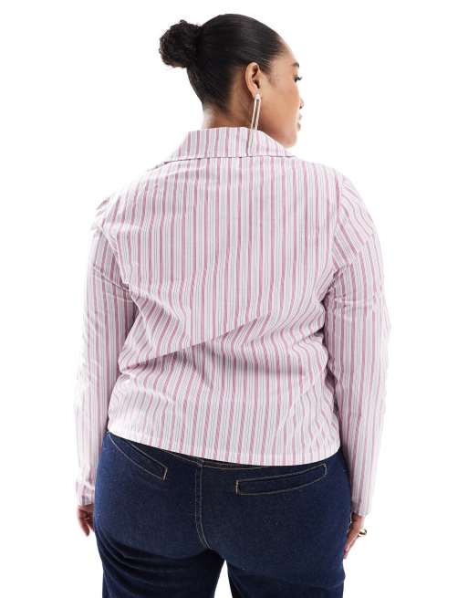 Renee Studio Plus exclusive tie front collared shirt with rhinestone iron on heart detail in pink stripe