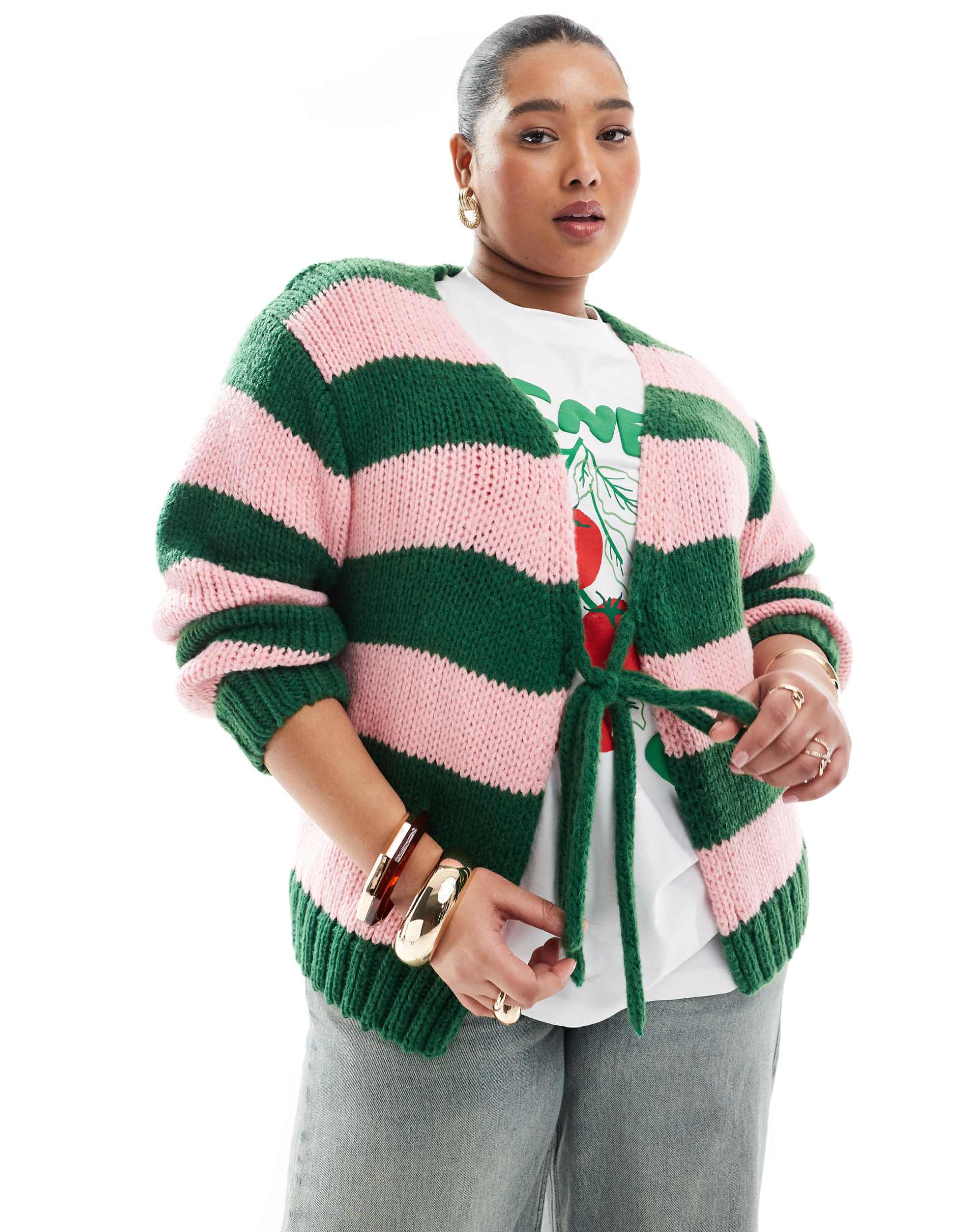 renee studio plus exclusive tie front knit cardigan in pink and green stripe