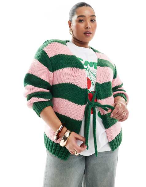 Renee Studio Plus exclusive tie front knitted cardigan in pink and green stripe - view 1