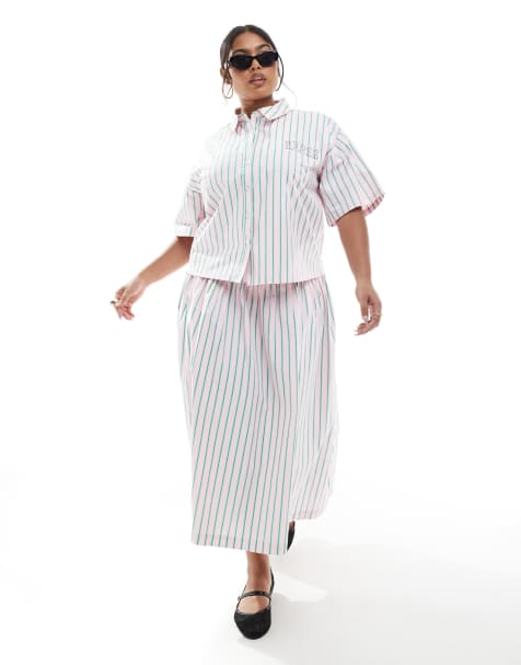 Renee Studio - Plus - Exclusives - Gestreepte midirok met brede tailleband in roze en groen, deel van co-ord set - view 1