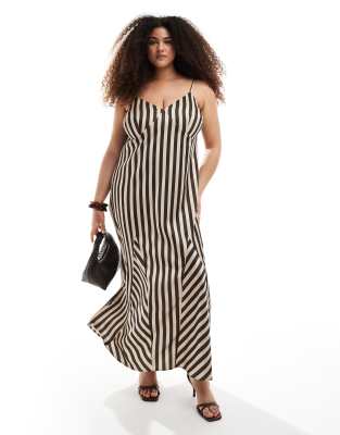 Renée Studio Plus - Exklusiv - Maxikleid aus Satin in gestreiftem Braun mit Riemchenträgern, V-Ausschnitt und Godetfalte...