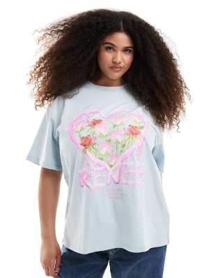 Renée Studio Plus - Exklusiv - T-Shirt in leuchtendem Blau mit Rosenherzmotiv und Rundhalsausschnitt