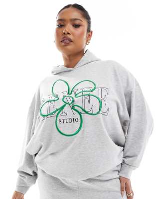 Renee Studio Plus - Exklusiver Oversize-Kapuzenpullover in Grau mit aufgesticktem Blumenlogo, Kombiteil