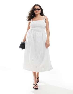 Renee Studio Plus - Exklusives, gesmoktes Midikleid in Weiß mit schwarzen Streifen-Bunt