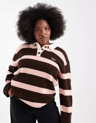 Renee Studio Plus - Exklusives, gestreiftes Rugby-Strickoberteil in Rosa und Burgunderrot mit Kragen-Bunt