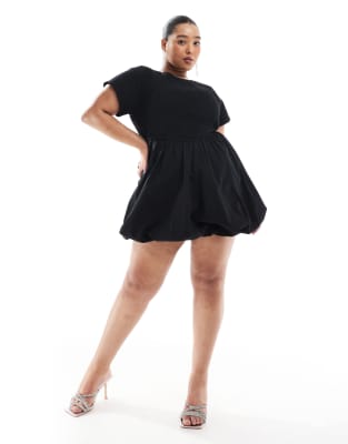 Renée Studio Plus - Exklusives, kurzärmliges, gesmoktes Popeline-Minikleid in Schwarz mit Ballonsaum