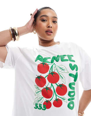 Renée Studio Plus - Exklusives T-Shirt in Weiß mit Tomaten-Wein-Logografik