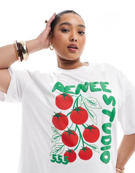 Renée Studio Plus – Exklusives T-Shirt in Weiß mit Tomaten-Wein-Logografik - view 1