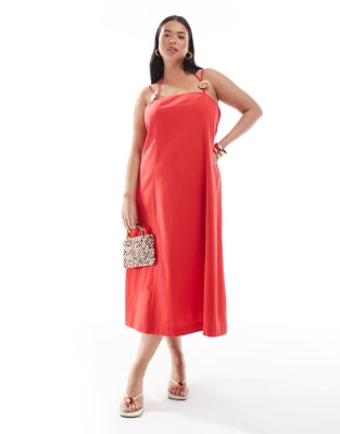 Renée Studio Plus - Rød midikjole med halterneck og guldfarvet strandskalsdetalje i metal i hørlook - Kun hos ASOS - view 1