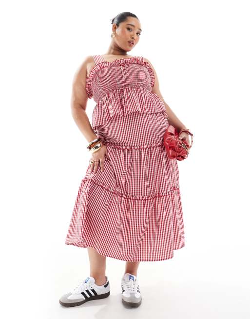 Renee Studio Plus - Rød- og gingham-ternet maxinederdel med sløjfedetalje og kirsebærudsmykning - Del af sæt - Kun hos ASOS  