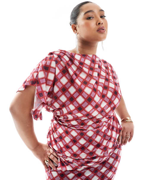 Renee Studio Plus – Rödrutig, flerfärgad topp i mesh med ryschad sida och draperade ärmar, exklusivt hos ASOS - view 1