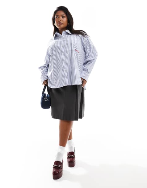 Renee Studio Plus x Holly Wynne exclusive crystal embellished oversized embroidered logo shirt in blue stripe - view 1