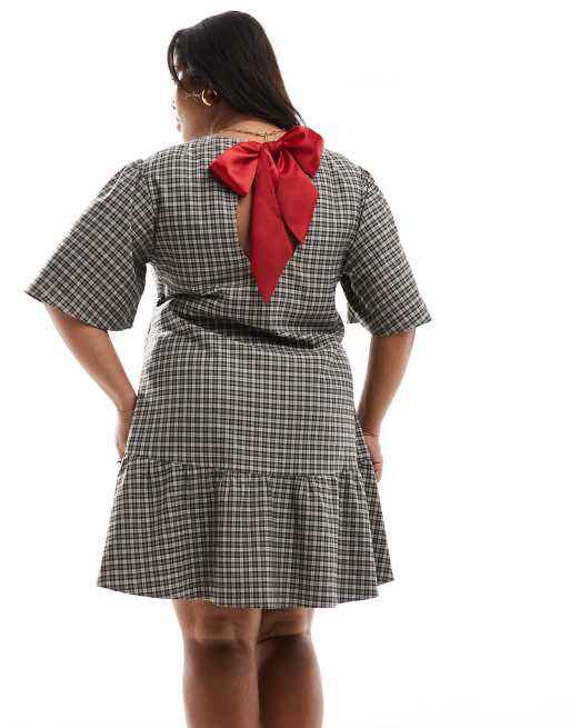  Renee Studio Plus x Holly Wynne exclusive dropped hem puff sleeve mini dress in brown plaid  , 2 of 5