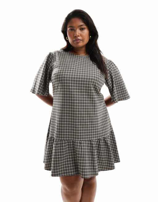  Renee Studio Plus x Holly Wynne exclusive dropped hem puff sleeve mini dress in brown plaid  , 3 of 5