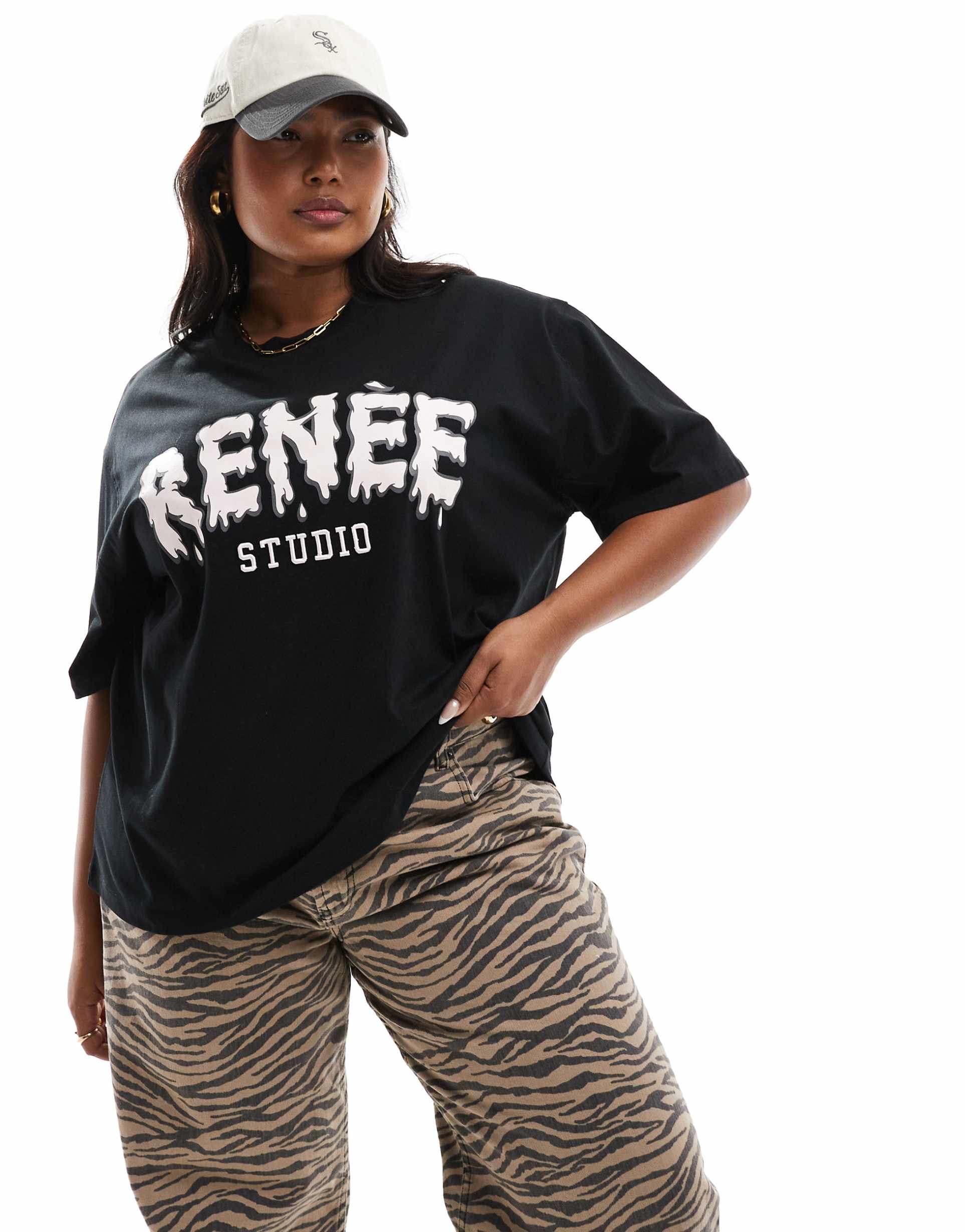 renee studio plus x holly wynne exclusive embroidered bubble logo oversized t-shirt in black