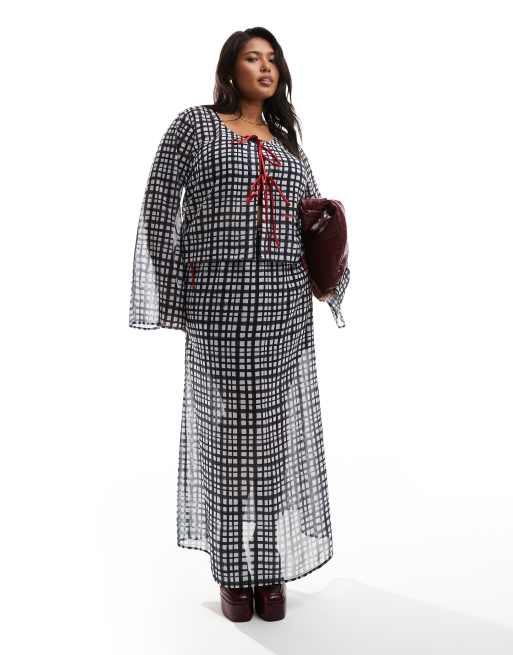  Renee Studio Plus x Holly Wynne exclusive flared sleeve tie front blouse in grey check (part of a set)  