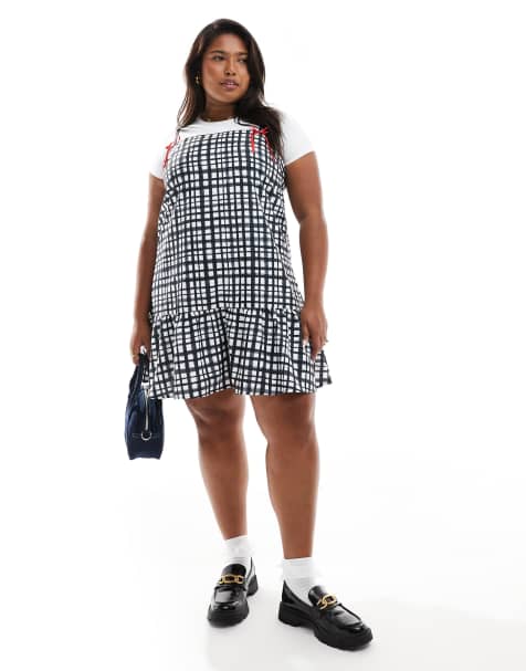 Renee Studio Plus x Holly Wynne exclusive ribbon bow cami sleeve peplum hem mini dress in grey check - view 1
