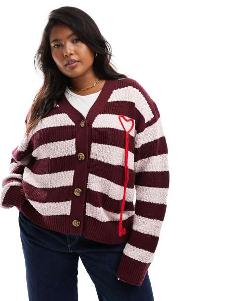  Renee Studio Plus x Holly Wynne exclusive textured longline applique heart cardigan in burgundy stripe   - view 1